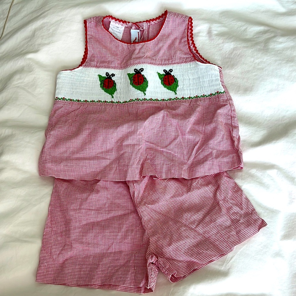 Silly Goose Hand smocked ladybug outfit. Size 12M